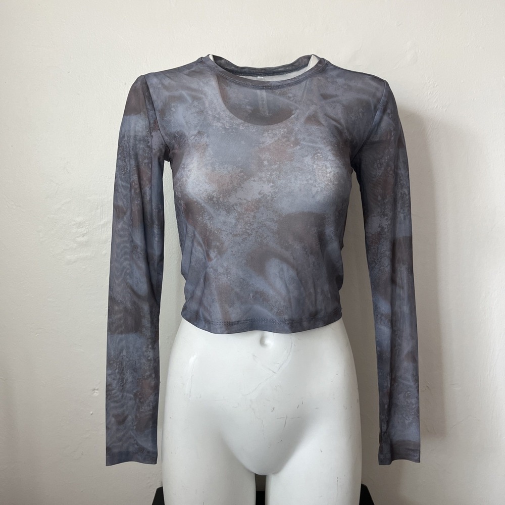 Fabletics Long Sleeve Cropped Top Womens S Mesh Marbled Gray /Beige